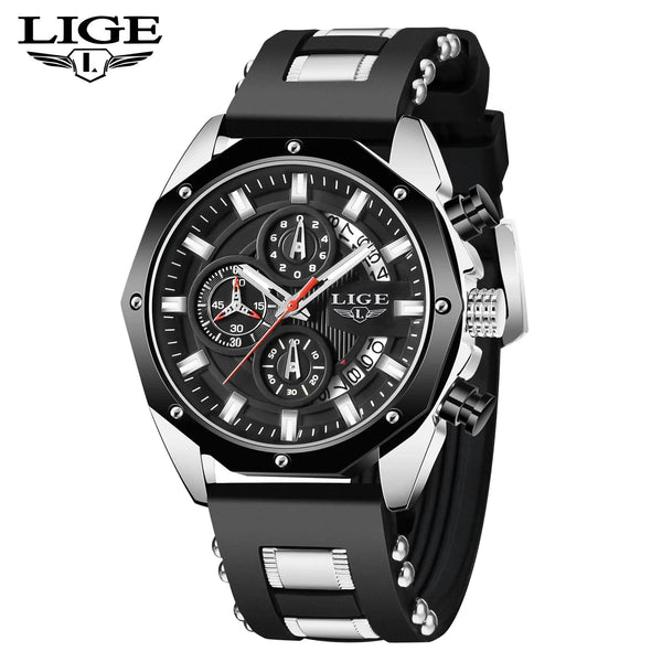 Planet Gates All black LIGE Men Watch Brand Luxury Silicone Strap Waterproof Sport Quartz Chronograph Military Wristwatch Men Clock Relogio Masculino