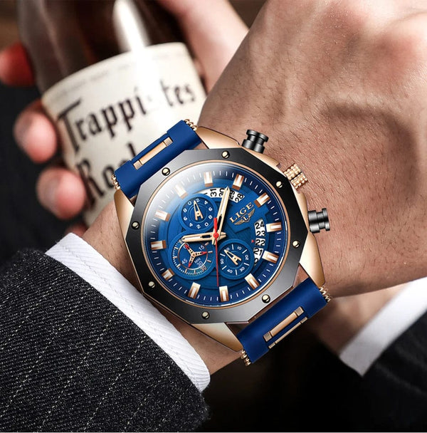 Planet Gates All black LIGE Men Watch Brand Luxury Silicone Strap Waterproof Sport Quartz Chronograph Military Wristwatch Men Clock Relogio Masculino