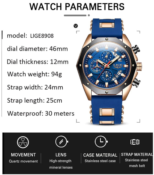 Planet Gates All black LIGE Men Watch Brand Luxury Silicone Strap Waterproof Sport Quartz Chronograph Military Wristwatch Men Clock Relogio Masculino