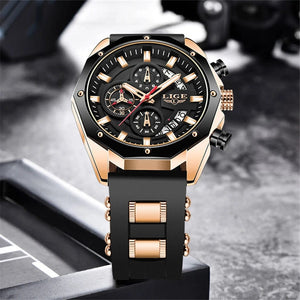 Planet Gates All black LIGE Men Watch Brand Luxury Silicone Strap Waterproof Sport Quartz Chronograph Military Wristwatch Men Clock Relogio Masculino