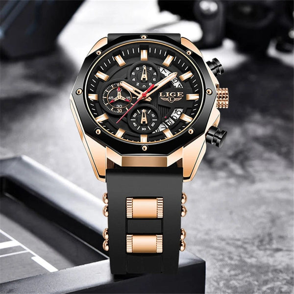 Planet Gates All black LIGE Men Watch Brand Luxury Silicone Strap Waterproof Sport Quartz Chronograph Military Wristwatch Men Clock Relogio Masculino