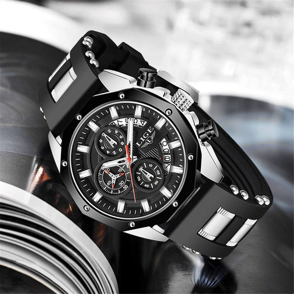 Planet Gates All black LIGE Men Watch Brand Luxury Silicone Strap Waterproof Sport Quartz Chronograph Military Wristwatch Men Clock Relogio Masculino
