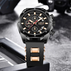 Planet Gates All black LIGE Men Watch Brand Luxury Silicone Strap Waterproof Sport Quartz Chronograph Military Wristwatch Men Clock Relogio Masculino