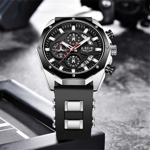 Planet Gates All black LIGE Men Watch Brand Luxury Silicone Strap Waterproof Sport Quartz Chronograph Military Wristwatch Men Clock Relogio Masculino
