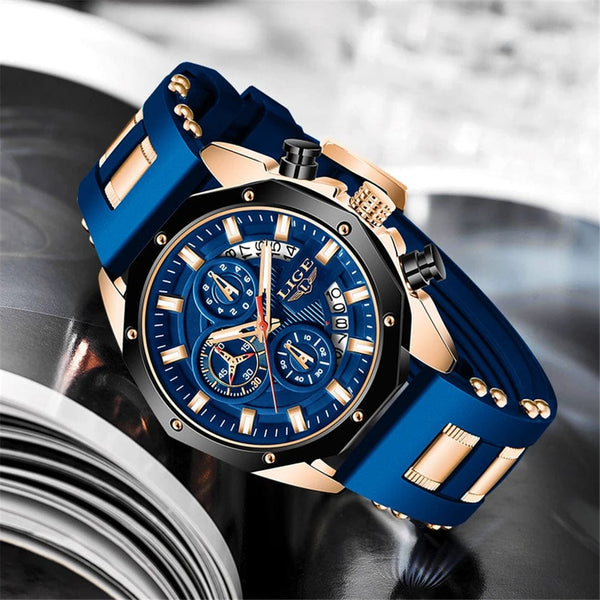 Planet Gates All black LIGE Men Watch Brand Luxury Silicone Strap Waterproof Sport Quartz Chronograph Military Wristwatch Men Clock Relogio Masculino