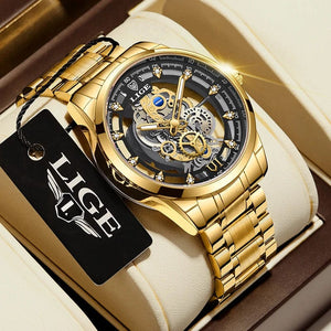 Planet Gates All gold L 2024 LIGE Men Watch Skeleton Automatic Quartz Watch Gold Skeleton Vintage Man Watch Mens Watches Top Brand Luxury часы мужские
