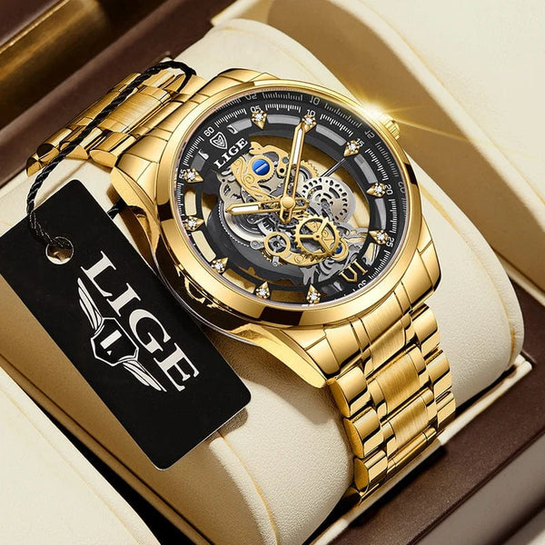 Planet Gates All gold L 2024 LIGE Men Watch Skeleton Automatic Quartz Watch Gold Skeleton Vintage Man Watch Mens Watches Top Brand Luxury часы мужские