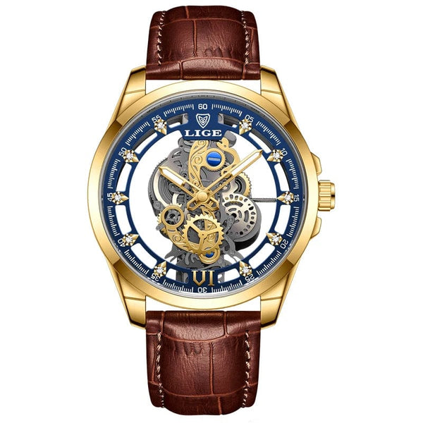 Planet Gates All gold L 2024 LIGE Men Watch Skeleton Automatic Quartz Watch Gold Skeleton Vintage Man Watch Mens Watches Top Brand Luxury часы мужские