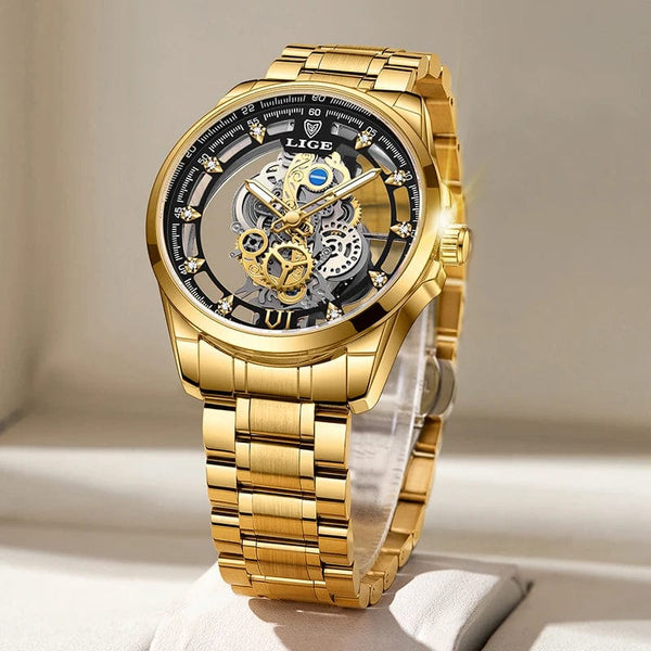 Planet Gates All gold L 2024 LIGE Men Watch Skeleton Automatic Quartz Watch Gold Skeleton Vintage Man Watch Mens Watches Top Brand Luxury часы мужские