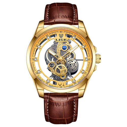 Planet Gates All gold L 2024 LIGE Men Watch Skeleton Automatic Quartz Watch Gold Skeleton Vintage Man Watch Mens Watches Top Brand Luxury часы мужские