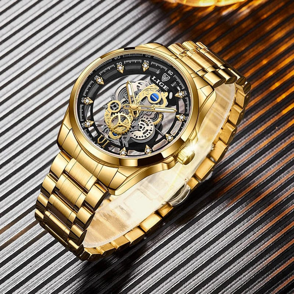 Planet Gates All gold L 2024 LIGE Men Watch Skeleton Automatic Quartz Watch Gold Skeleton Vintage Man Watch Mens Watches Top Brand Luxury часы мужские