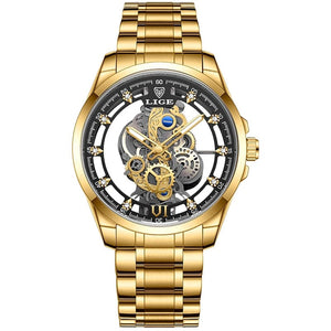 Planet Gates All gold L 2024 LIGE Men Watch Skeleton Automatic Quartz Watch Gold Skeleton Vintage Man Watch Mens Watches Top Brand Luxury часы мужские