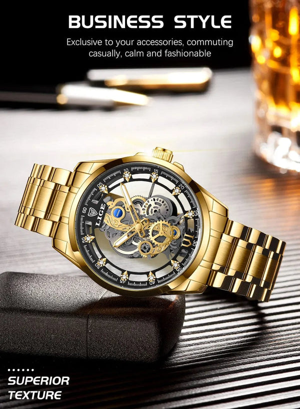 Planet Gates All gold L 2024 LIGE Men Watch Skeleton Automatic Quartz Watch Gold Skeleton Vintage Man Watch Mens Watches Top Brand Luxury часы мужские
