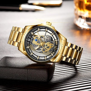 Planet Gates All gold L 2024 LIGE Men Watch Skeleton Automatic Quartz Watch Gold Skeleton Vintage Man Watch Mens Watches Top Brand Luxury часы мужские