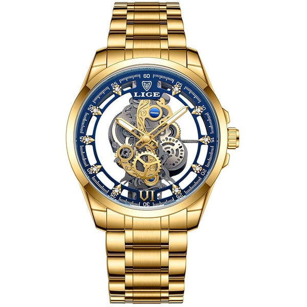Planet Gates All gold L 2024 LIGE Men Watch Skeleton Automatic Quartz Watch Gold Skeleton Vintage Man Watch Mens Watches Top Brand Luxury часы мужские