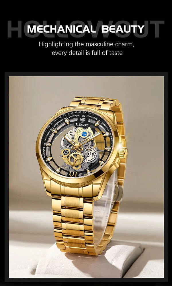 Planet Gates All gold L 2024 LIGE Men Watch Skeleton Automatic Quartz Watch Gold Skeleton Vintage Man Watch Mens Watches Top Brand Luxury часы мужские