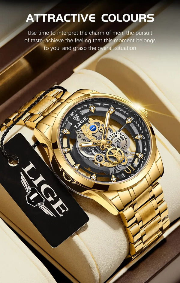 Planet Gates All gold L 2024 LIGE Men Watch Skeleton Automatic Quartz Watch Gold Skeleton Vintage Man Watch Mens Watches Top Brand Luxury часы мужские