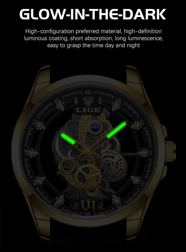 Planet Gates All gold L 2024 LIGE Men Watch Skeleton Automatic Quartz Watch Gold Skeleton Vintage Man Watch Mens Watches Top Brand Luxury часы мужские