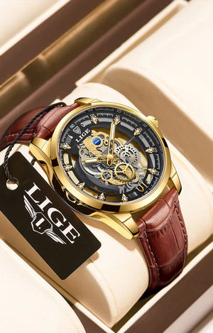 Planet Gates All gold L 2024 LIGE Men Watch Skeleton Automatic Quartz Watch Gold Skeleton Vintage Man Watch Mens Watches Top Brand Luxury часы мужские
