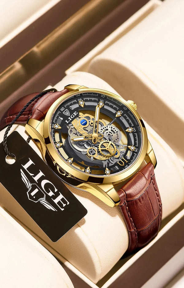 Planet Gates All gold L 2024 LIGE Men Watch Skeleton Automatic Quartz Watch Gold Skeleton Vintage Man Watch Mens Watches Top Brand Luxury часы мужские