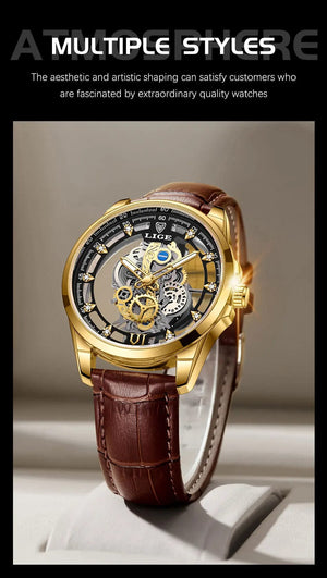 Planet Gates All gold L 2024 LIGE Men Watch Skeleton Automatic Quartz Watch Gold Skeleton Vintage Man Watch Mens Watches Top Brand Luxury часы мужские