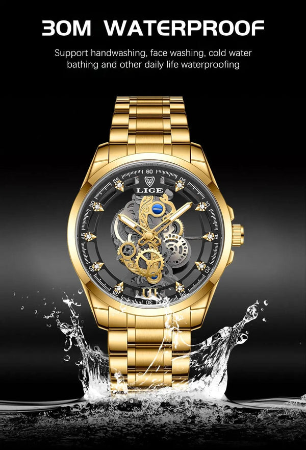 Planet Gates All gold L 2024 LIGE Men Watch Skeleton Automatic Quartz Watch Gold Skeleton Vintage Man Watch Mens Watches Top Brand Luxury часы мужские