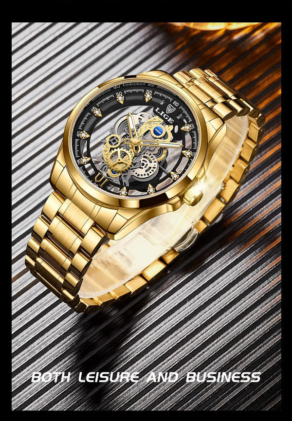 Planet Gates All gold L 2024 LIGE Men Watch Skeleton Automatic Quartz Watch Gold Skeleton Vintage Man Watch Mens Watches Top Brand Luxury часы мужские