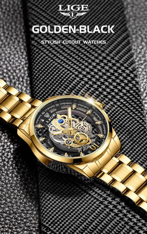 Planet Gates All gold L 2024 LIGE Men Watch Skeleton Automatic Quartz Watch Gold Skeleton Vintage Man Watch Mens Watches Top Brand Luxury часы мужские