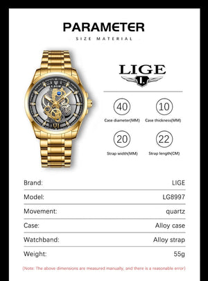 Planet Gates All gold L 2024 LIGE Men Watch Skeleton Automatic Quartz Watch Gold Skeleton Vintage Man Watch Mens Watches Top Brand Luxury часы мужские