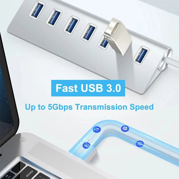 Planet Gates Aluminum Alloy USB 3.0 HUB 7 Ports High Speed Multi Splitter Adapter Up To 5Gbps Docking Station Expander for Laptop Computer PC