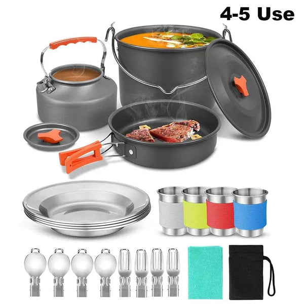 Planet Gates Aluminum Outdoor Camping Cookware Set with Mesh Bag Folding Cookset Camping Kitchen Cooking Teapot and Pans Equipment