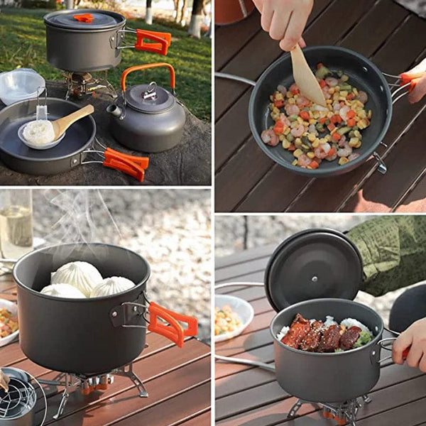 Planet Gates Aluminum Outdoor Camping Cookware Set with Mesh Bag Folding Cookset Camping Kitchen Cooking Teapot and Pans Equipment