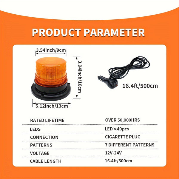 Planet Gates Amber 40 LED Strobe Light 12V-24V Amber Warning Safety Flashing Beacon Lights With Magnetic And 4.88 Meter Straight Cord For Forklift Truck Tractor UTV Car Bus