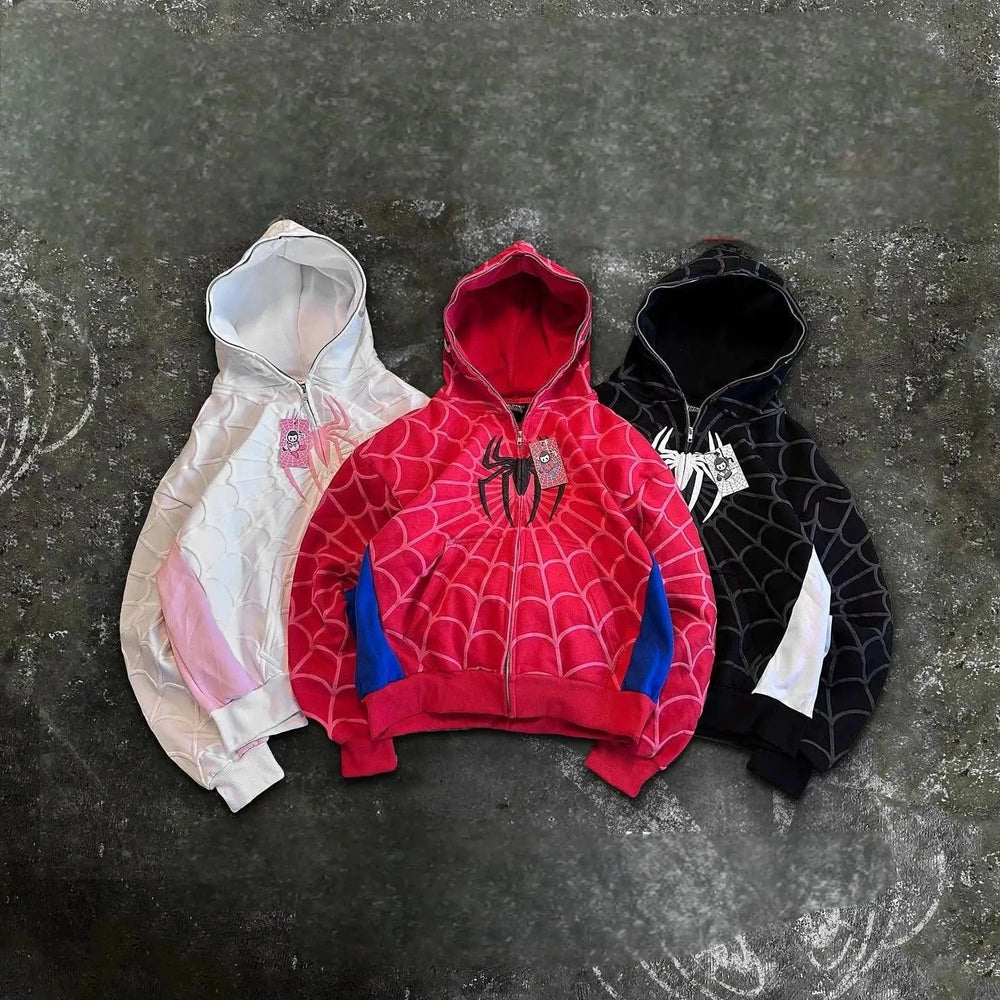 Planet Gates America Classics Gothic Red Spider Print Hooded Cardigan Full Zip Up Loose Men Women Hip Hop Hoodie Jacket Y2k Street Sweatshirt