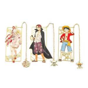 Planet Gates Anime One Piece Figure Metal Bookmarks with Tassel Luffy Uta Shanks Gold Color Book Marks Gifts for Fans Collection Supplies