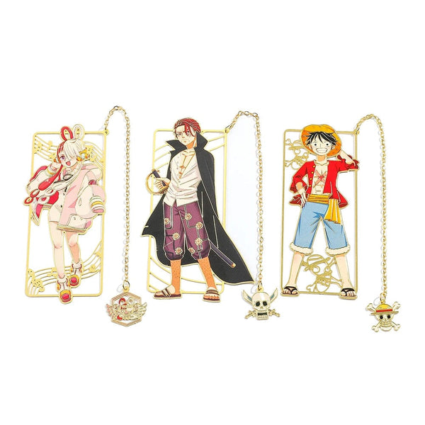 Planet Gates Anime One Piece Figure Metal Bookmarks with Tassel Luffy Uta Shanks Gold Color Book Marks Gifts for Fans Collection Supplies