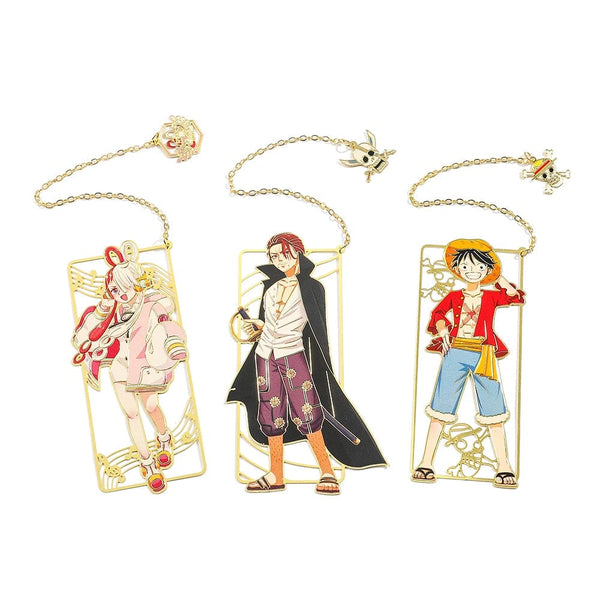 Planet Gates Anime One Piece Figure Metal Bookmarks with Tassel Luffy Uta Shanks Gold Color Book Marks Gifts for Fans Collection Supplies