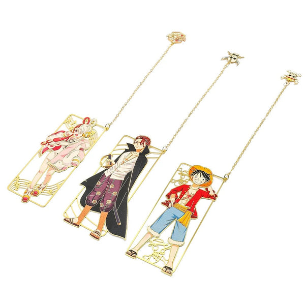 Planet Gates Anime One Piece Figure Metal Bookmarks with Tassel Luffy Uta Shanks Gold Color Book Marks Gifts for Fans Collection Supplies