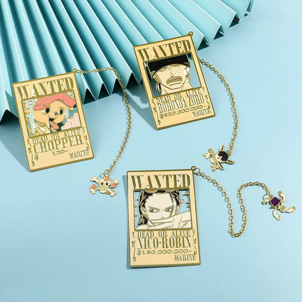 Planet Gates Anime One Piece Piratesreward Metal Bookmarks with Tassel Gold Color Luffy Wanted Book Marks Gifts for Fans Collection Supplies