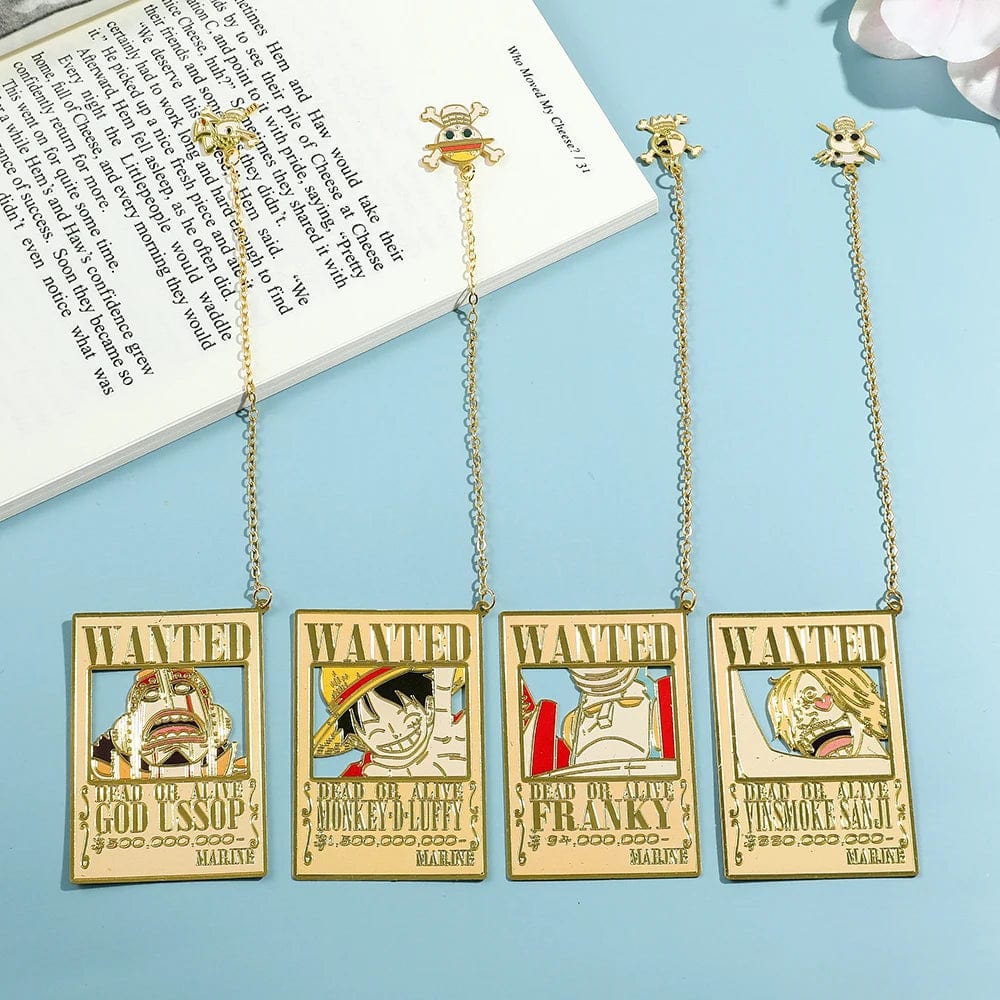 Planet Gates Anime One Piece Piratesreward Metal Bookmarks with Tassel Gold Color Luffy Wanted Book Marks Gifts for Fans Collection Supplies
