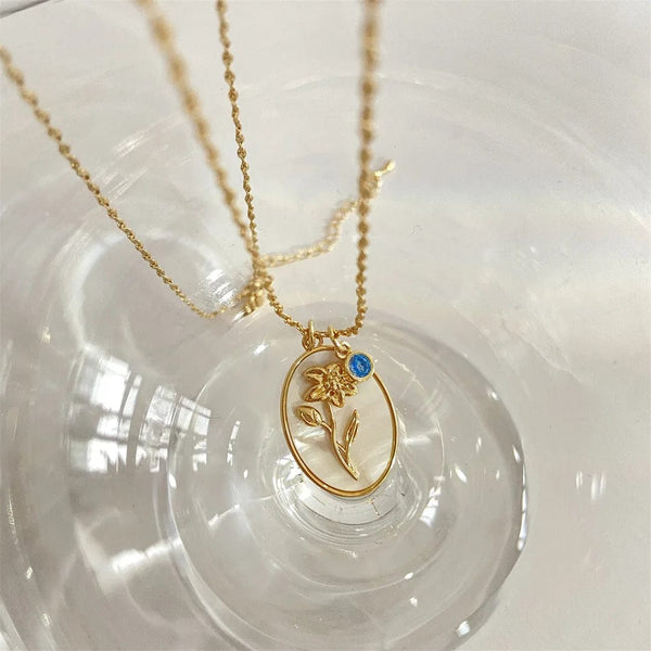 Planet Gates Apr-Daisy 12 Birth Month Flower Birthstone Necklace for Women Charm White Shell Pendant Necklaces Mom Girlfriend Birthday Gift
