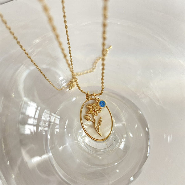 Planet Gates Apr-Daisy 12 Birth Month Flower Birthstone Necklace for Women Charm White Shell Pendant Necklaces Mom Girlfriend Birthday Gift