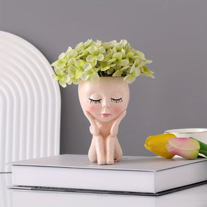 Planet Gates Apricot / 7.5*12 1pc Resin Creative Nordic Face Doll Desktop Decoration Flower Pot Plant Pot Cactus Plant Pot Flower Pot Container Planter With Drainage Hole Home Office Desk Garden Gift Idea, Home Decoration, Garden Decoration