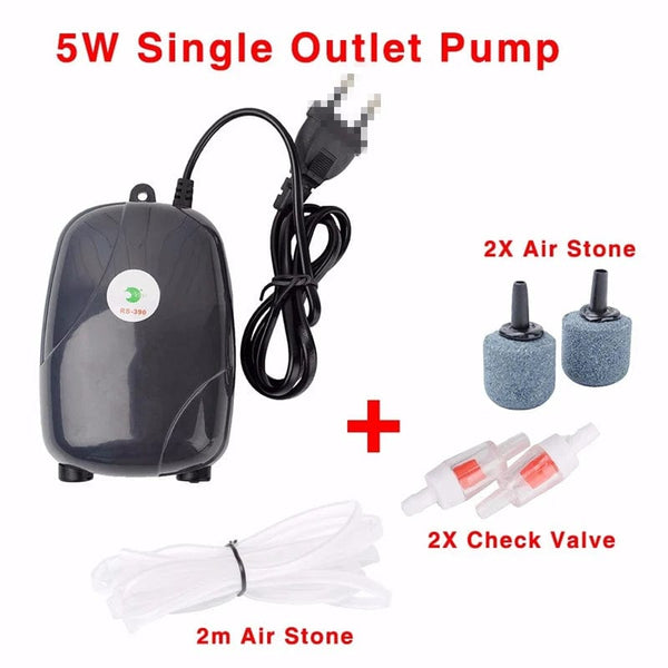 Planet Gates Aquarium Air Pump Fish Tank Mini Compressor Single Double Outlet with Check Valve Tube Aquatic Accessories 220V 3W 5W