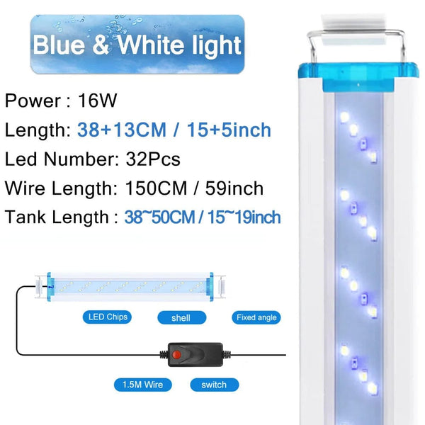 Planet Gates Aquarium LED Light Super Slim Fish Tank Aquatic Plant Grow Lighting Waterproof Bright Clip Lamp Blue LED 18-58cm for Fish Tank
