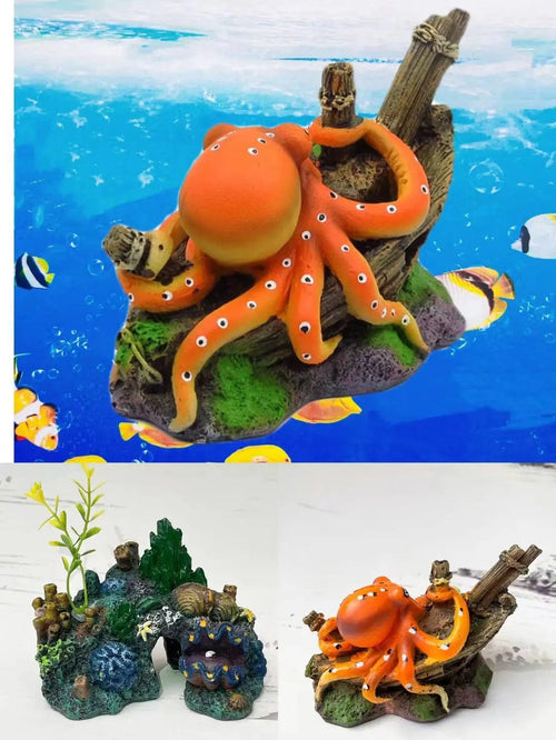 Planet Gates Artificial Sink Boat Octopus Aquarium Decoration Octopus Ornaments Fish Tanks Micro Landscape Accessories Submarine Crafts Resin