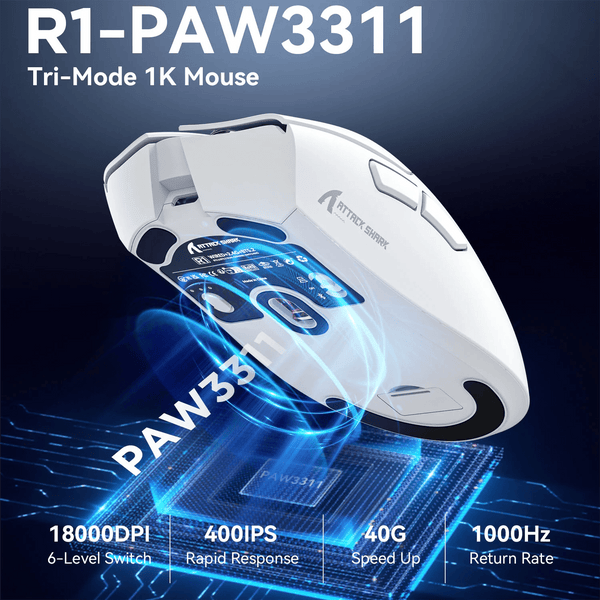 Planet Gates Attack Shark R1 1000Hz Bluetooth Mouse,18000dpi,PAW3311,Tri-mode Connection, Macro Gaming Mouse