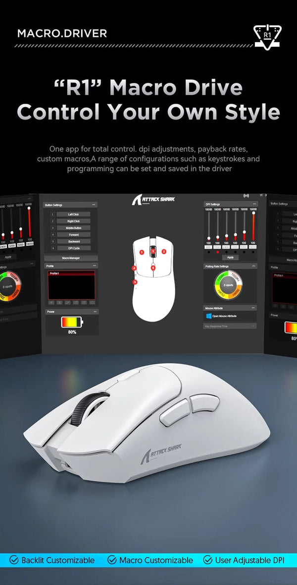 Planet Gates Attack Shark R1 1000Hz Bluetooth Mouse,18000dpi,PAW3311,Tri-mode Connection, Macro Gaming Mouse