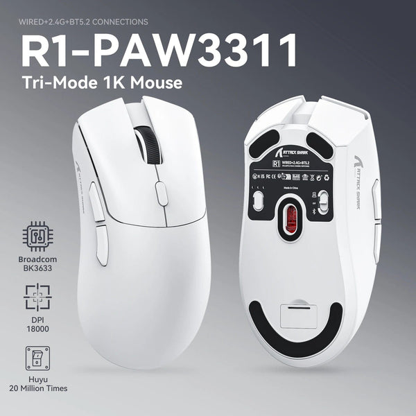 Planet Gates Attack Shark R1 1000Hz Bluetooth Mouse,18000dpi,PAW3311,Tri-mode Connection, Macro Gaming Mouse