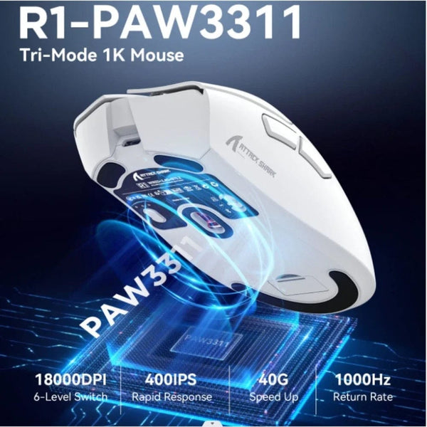 Planet Gates Attack Shark R1 18000dpi Wireless Mouse, 1000Hz, Tri-mode Connection, PAW3311,Macro Gaming Mouse
